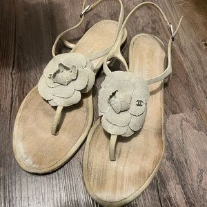 Chanel Camellia Thong Sandals in Grey Canvas